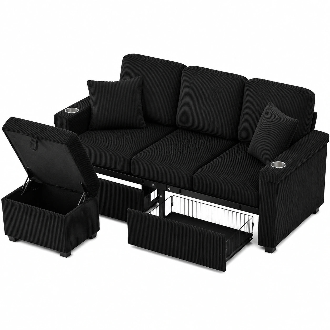 4-Sitzer Ecksofa mit Stauraum, LED und USB-C, Schwarzes Cord-Sofa mit Getränkehaltern