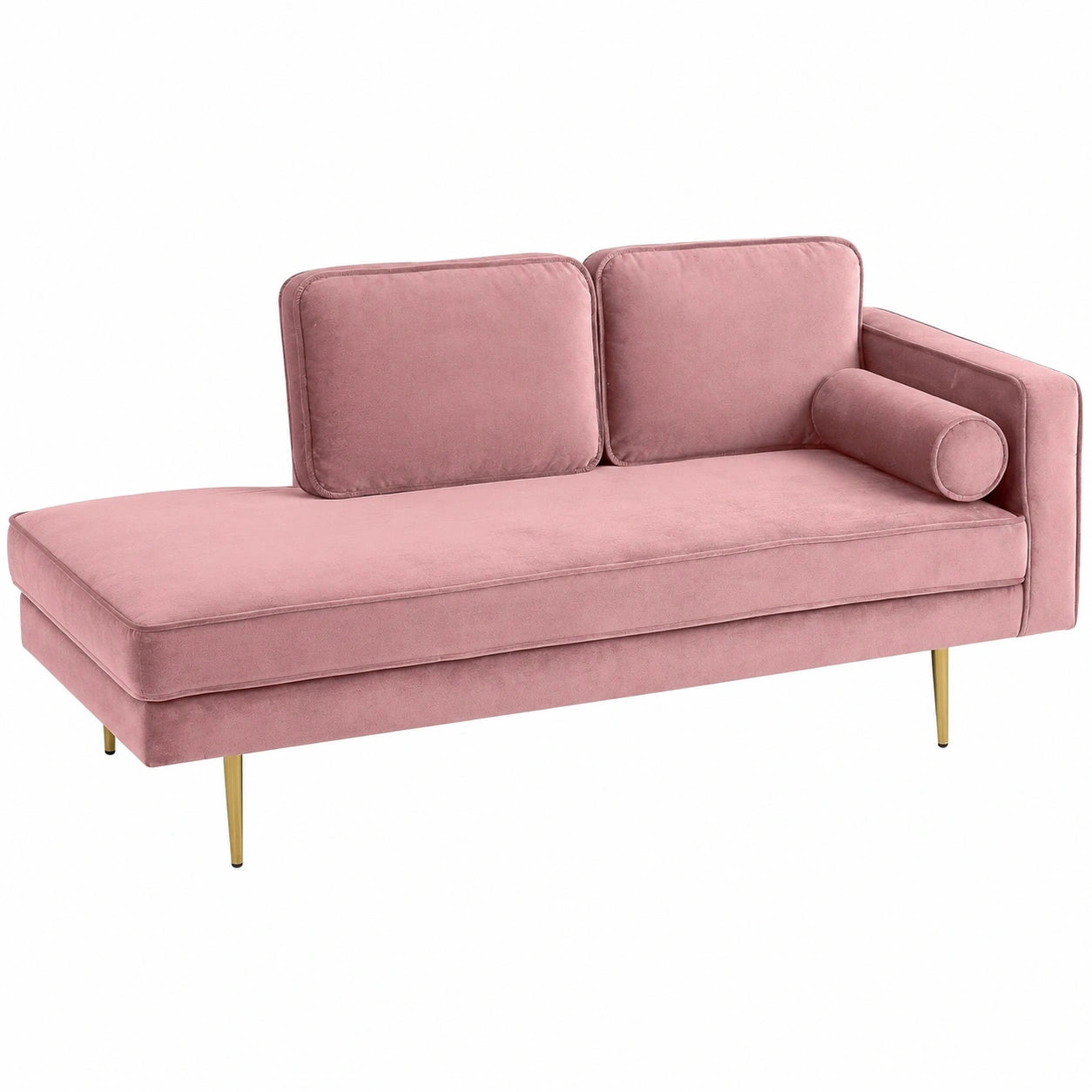 Moderne rosa Samt-Chaiselongue rechts mit goldenen Beinen und Nackenstütze Miramas