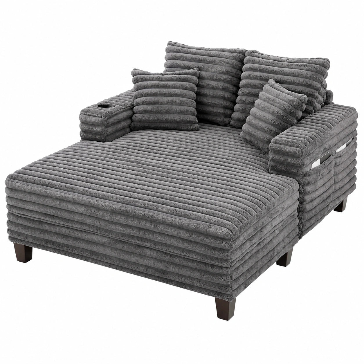 Entspannungssofa 163cm aus Massivholz, Bequemes Loungesofa mit Liegefunktion und Stauraum, Plüsch-Cord, Grau