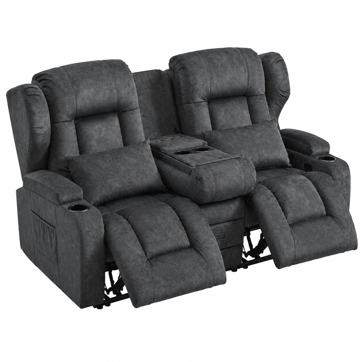 Zweisitziges Heimkino-Sofa aus Samt mit Liegefunktion und Getränkehaltern, Grau