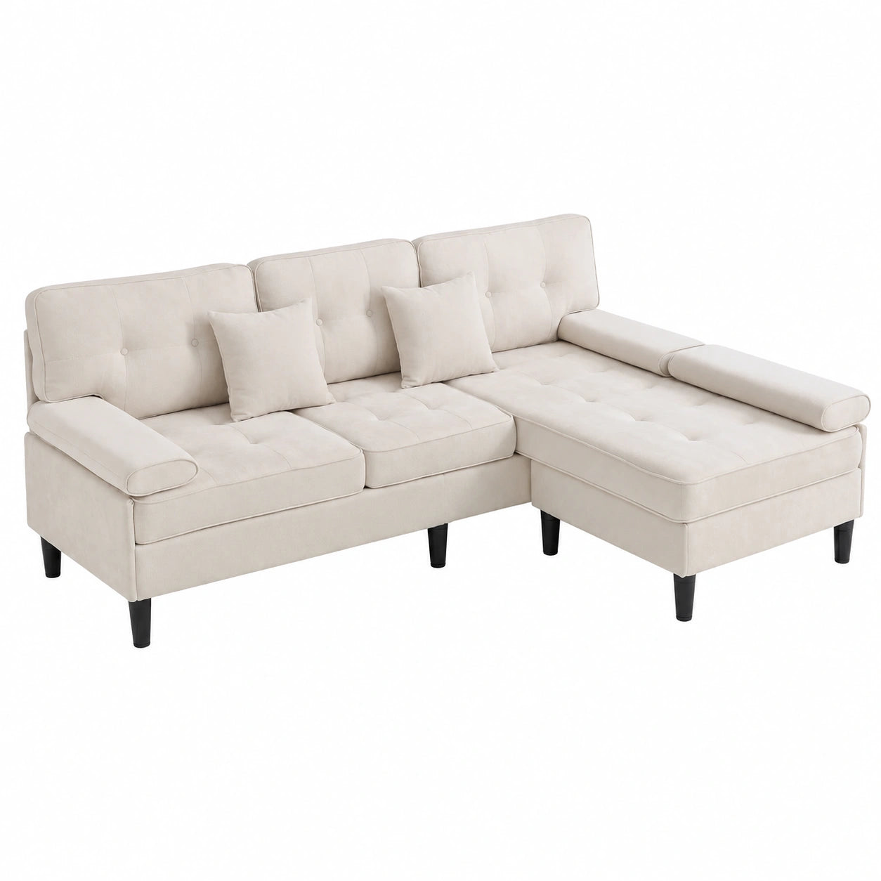 Modulares Ecksofa mit Schlaffunktion, Chenille 3-Sitzer mit Ottomane & Hocker, Beige für Wohnzimmer & kleine Räume