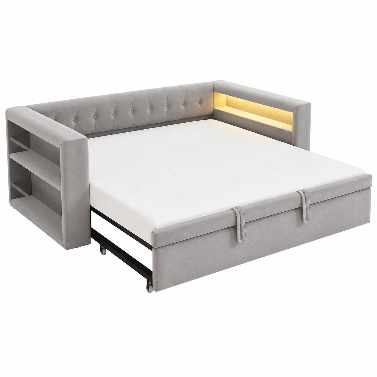Multifunktionales Schlafsofa mit Stauraum und LED, Ausziehbett 90x190 cm, Polsterbett in Hellgrau