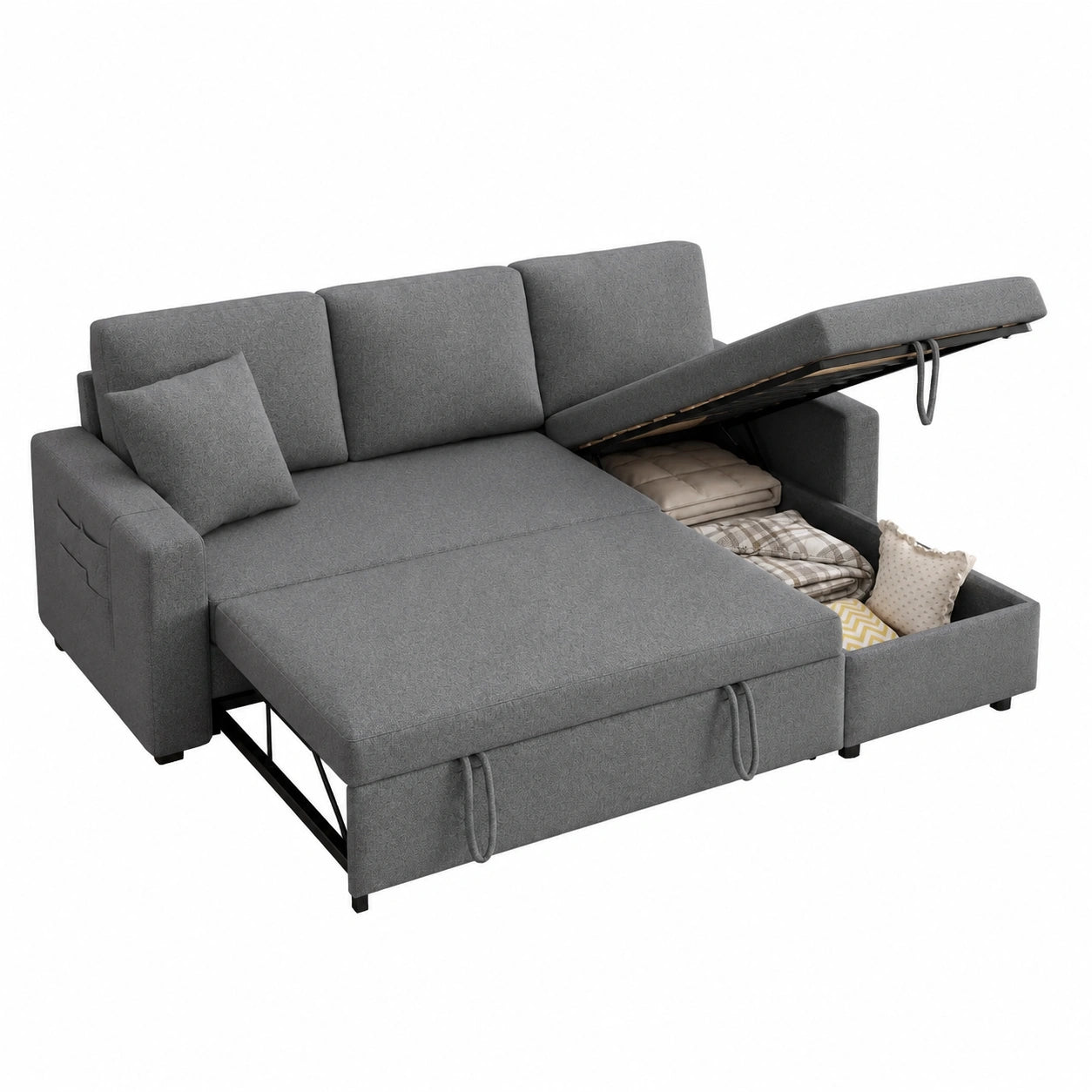 L-förmiges modulares Schlafsofa mit Stauraum, ausziehbar, Chaiselongue austauschbar, Leinen, Dunkelgrau