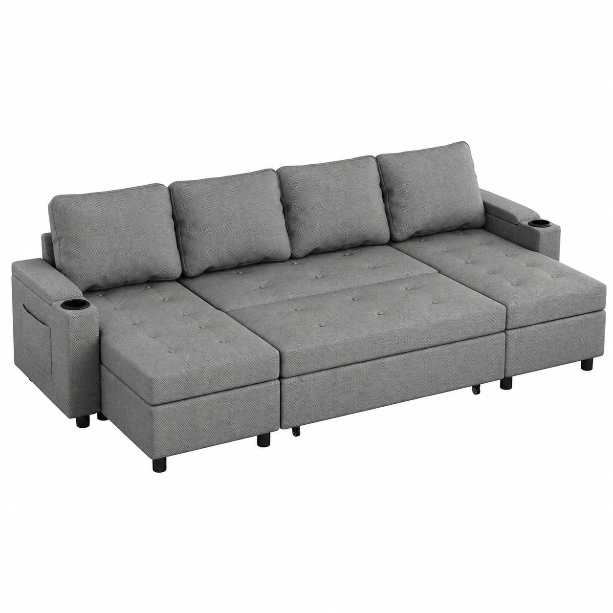 Modernes Ecksofa mit Schlaffunktion und Stauraum, U-Form, 4-Sitzer, ausziehbar, Leinen, hellgrau