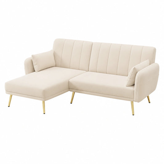 Modernes Samt-Ecksofa mit Schlaffunktion und Verstellbarer Rückenlehne, Beige