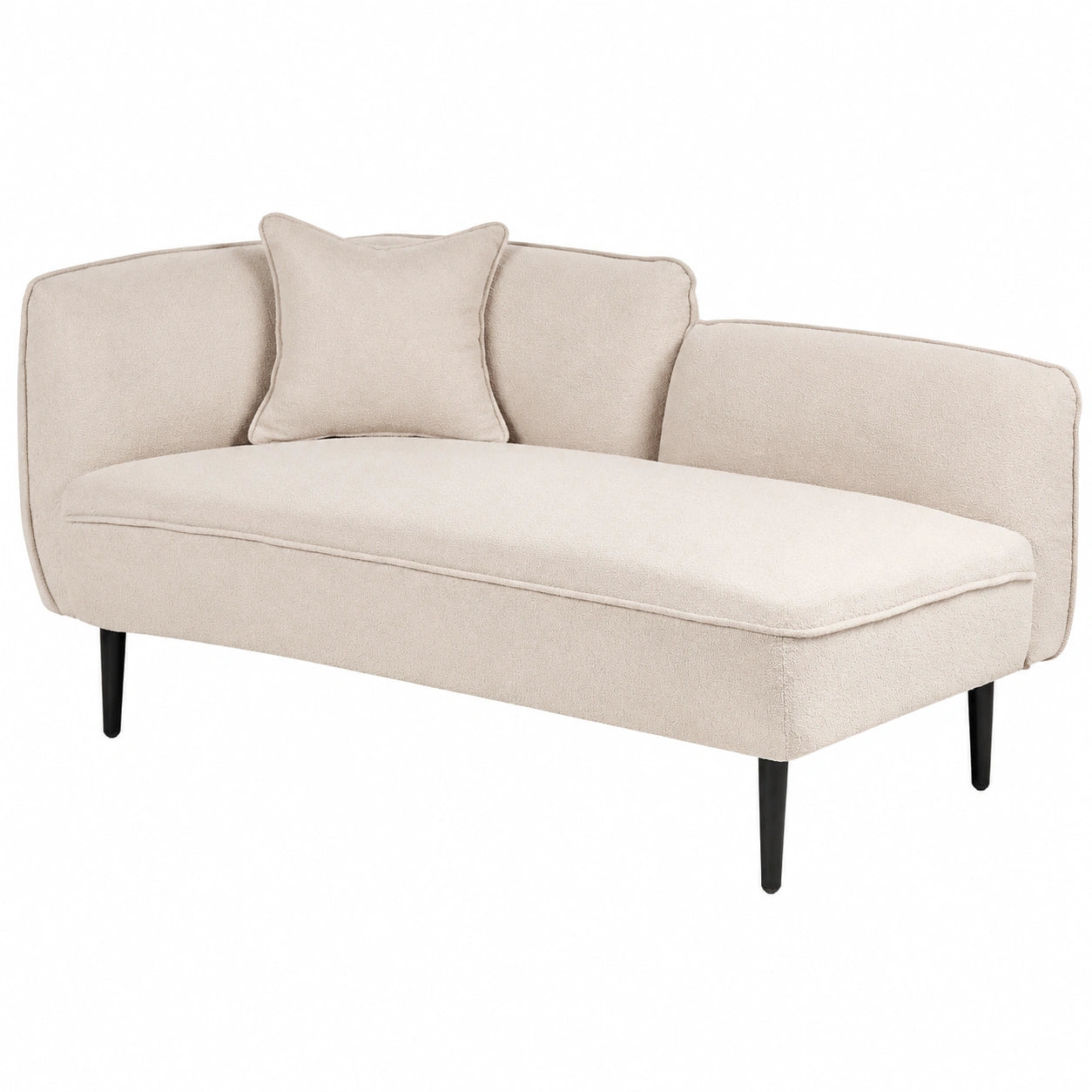 Moderne Chaiselongue aus Bouclé in Beige mit Kissen, linke Ausrichtung, Metallrahmen