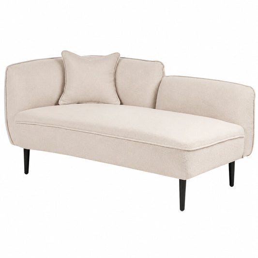 Moderne Chaiselongue aus Bouclé in Beige mit Kissen, linke Ausrichtung, Metallrahmen