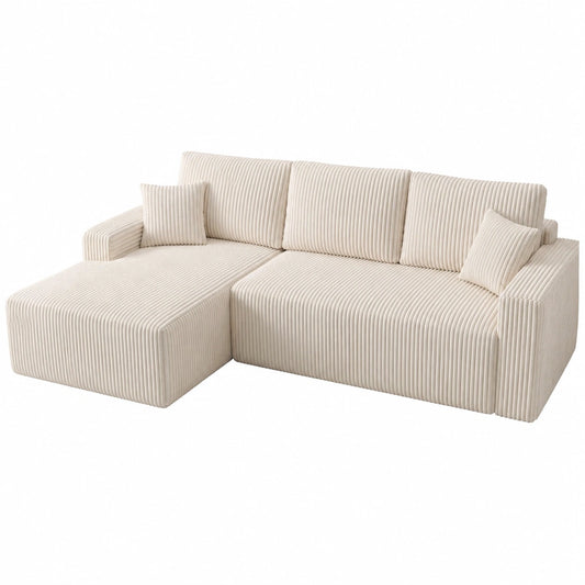 HOMRELEXA Ecksofa 267 cm mit Schlaffunktion, Modularer Cord-Sofa 3-Sitzer, Chaiselongue, Montagefrei, 75 cm Sitztiefe, Beige