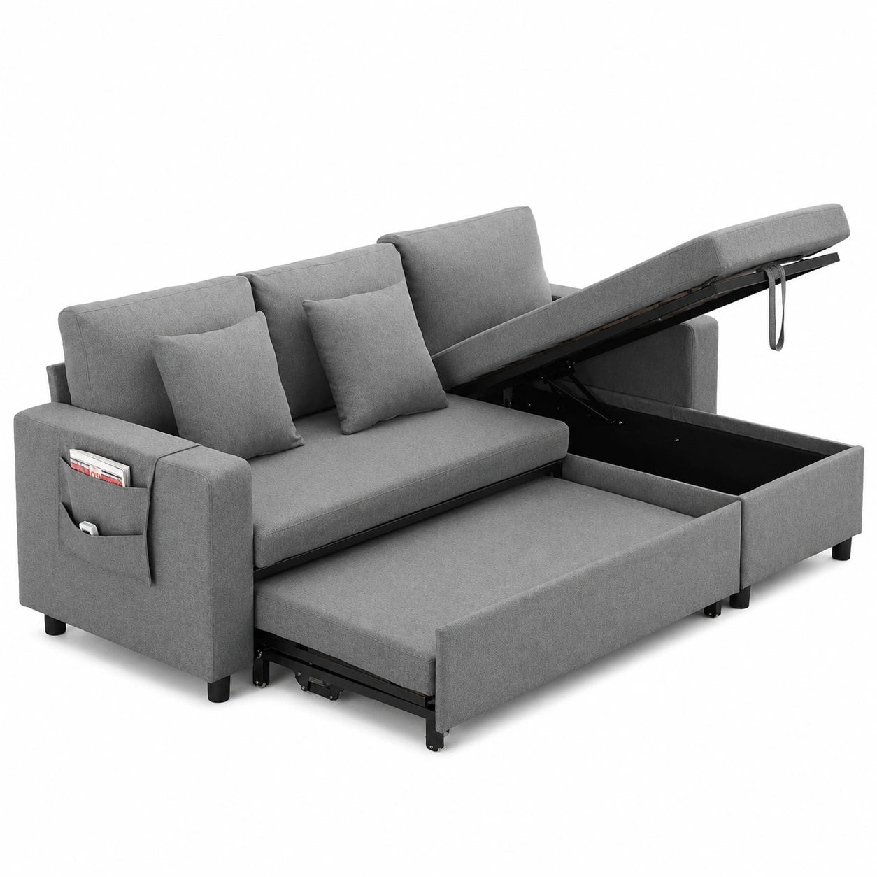 DRIXNO Ecksofa mit Schlaffunktion und Stauraum, Grau, 3-Sitzer mit wechselbarer Chaiselongue und Becherhalter, modernes Schlafsofa für Wohnzimmer