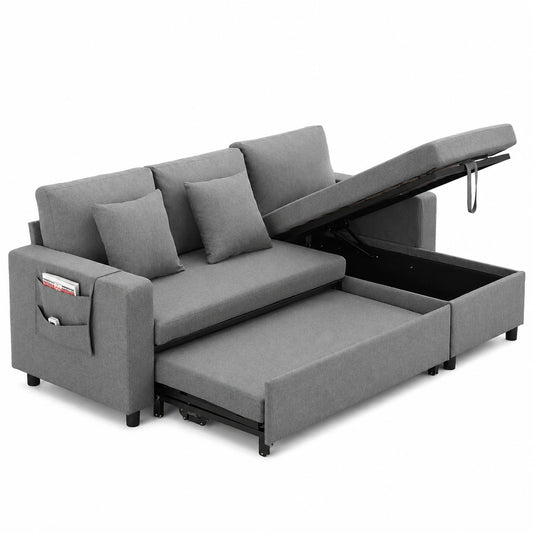 DRIXNO Ecksofa mit Schlaffunktion und Stauraum, Grau, 3-Sitzer mit wechselbarer Chaiselongue und Becherhalter, modernes Schlafsofa für Wohnzimmer