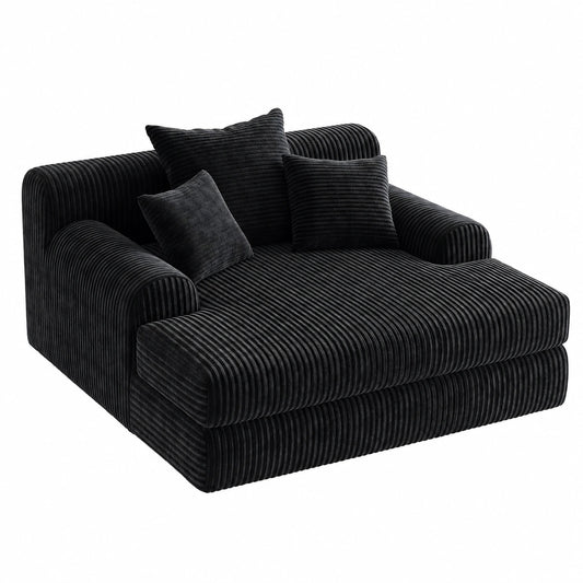 Kord-Bodensofa mit Schlaffunktion und Chaiselongue, Inklusive 3 Kissen, Schwarz, Gemütliche Wohnlandschaft, Keine Montage erforderlich