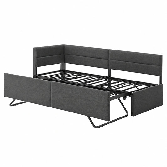Modernes ausziehbares Schlafsofa 90/180x200 cm mit LED und USB, Leinenstoff, Dunkelgrau