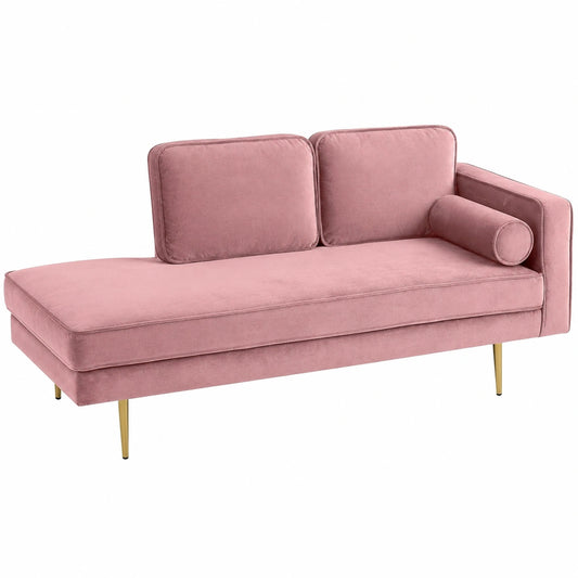 Moderne rosa Samt-Chaiselongue rechts mit goldenen Beinen und Nackenstütze Miramas