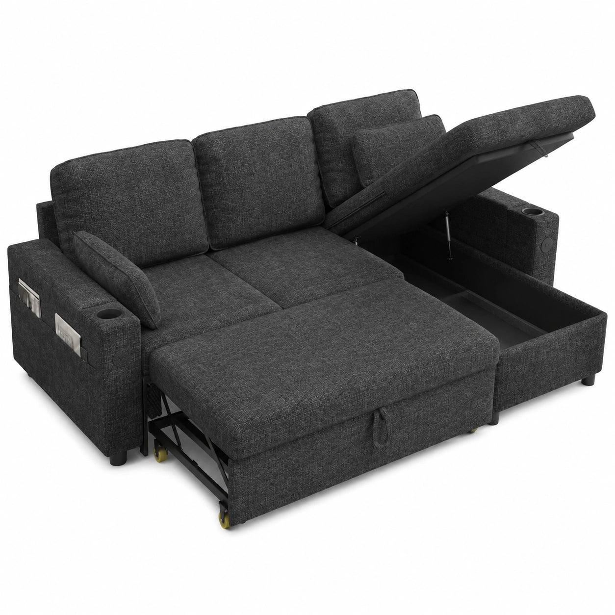 DURASPACE Ecksofa mit Bettfunktion und Stauraum, USB-Anschluss und Getränkehalter, ausziehbar, Schlafcouch für Wohnzimmer in Dunkelgrau