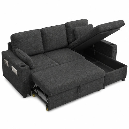 DURASPACE Ecksofa mit Bettfunktion und Stauraum, USB-Anschluss und Getränkehalter, ausziehbar, Schlafcouch für Wohnzimmer in Dunkelgrau