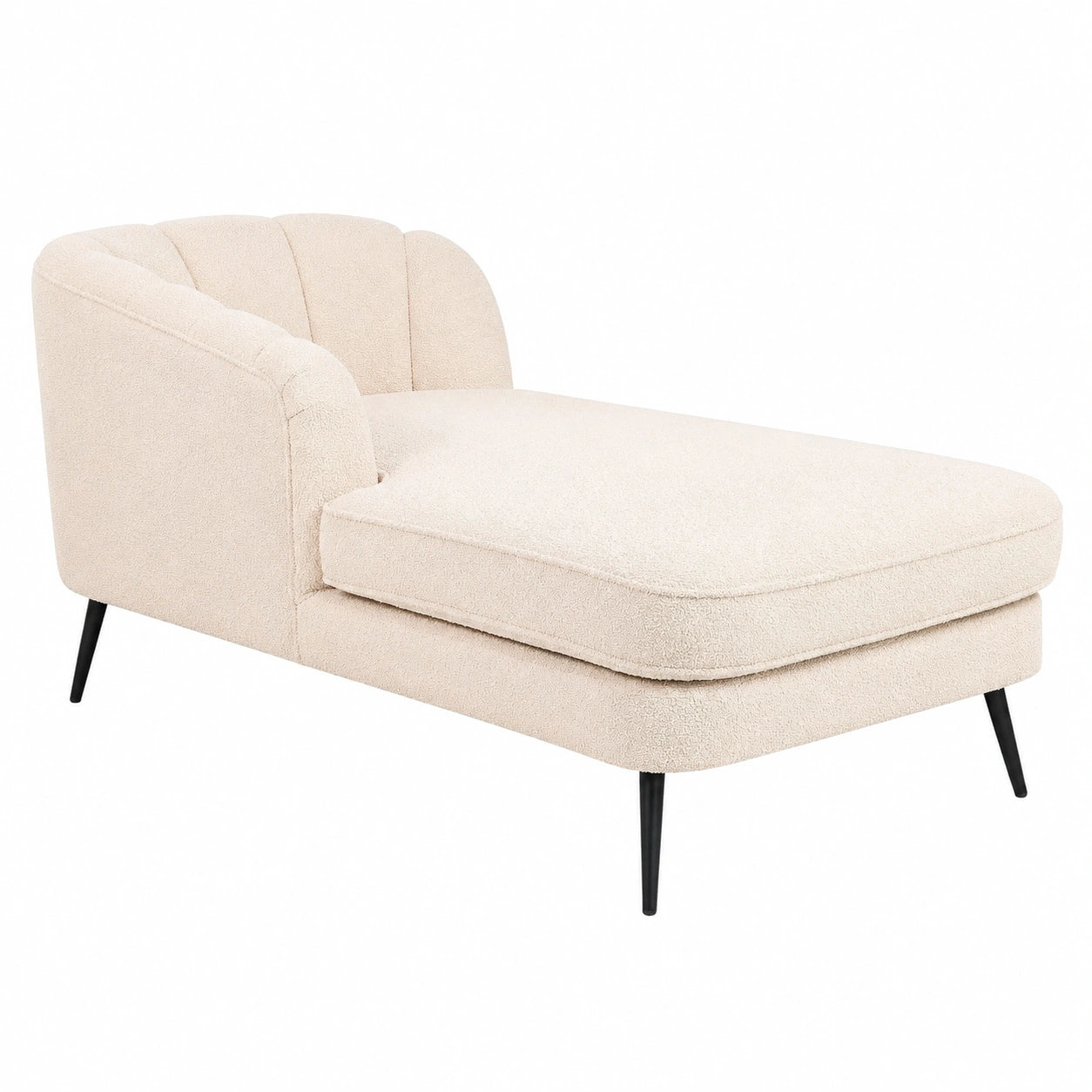 Elegantes Bouclé-Chaiselongue in Beige, Muschelform, Schwarze Metallbeine, Rechte Armlehne - Allier