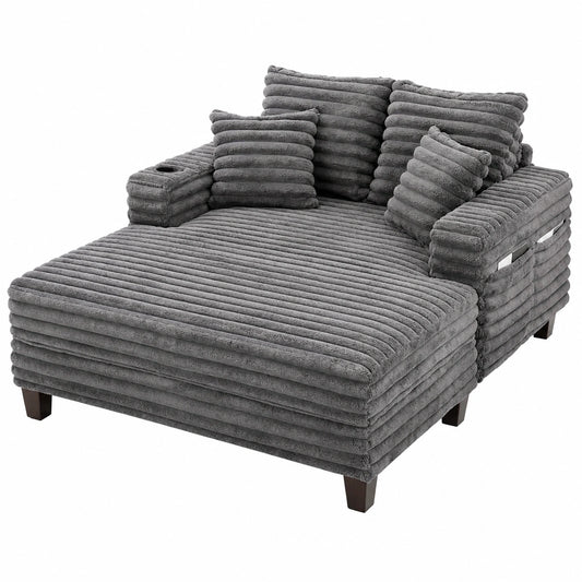 Entspannungssofa 163cm aus Massivholz, Bequemes Loungesofa mit Liegefunktion und Stauraum, Plüsch-Cord, Grau