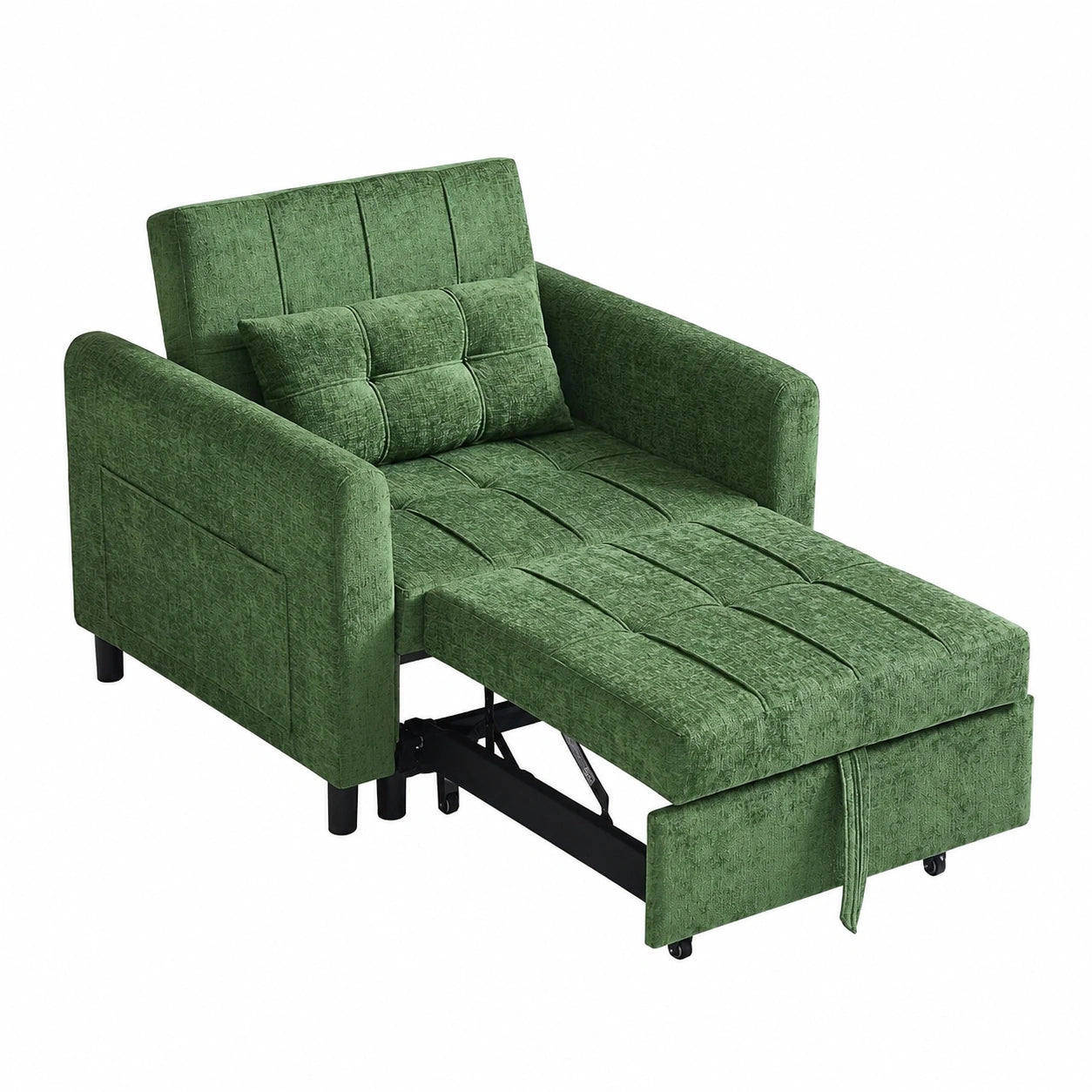LINSY HOME Verwandlungssofa mit Liegefunktion, 1-Sitzer Chenille Sessel mit Kissen und Seitentasche, Ideal für kleine Wohnungen - Schlafbereich 74 x 190cm (Grün)