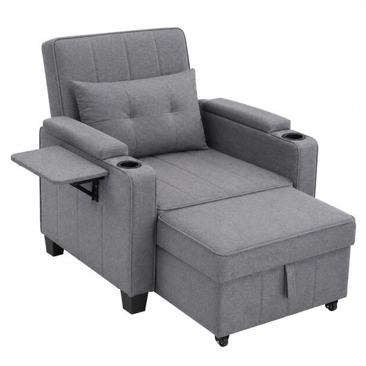 CLIPOP Multifunktionales Schlafsofa, Verstellbarer Schlafsessel mit USB-C, Stauraum & Getränkehalter, 3-fach Rückenlehne (105°-160°), Leinen Grau