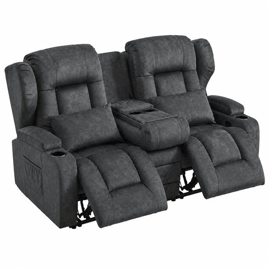 Zweisitziges Heimkino-Sofa aus Samt mit Liegefunktion und Getränkehaltern, Grau