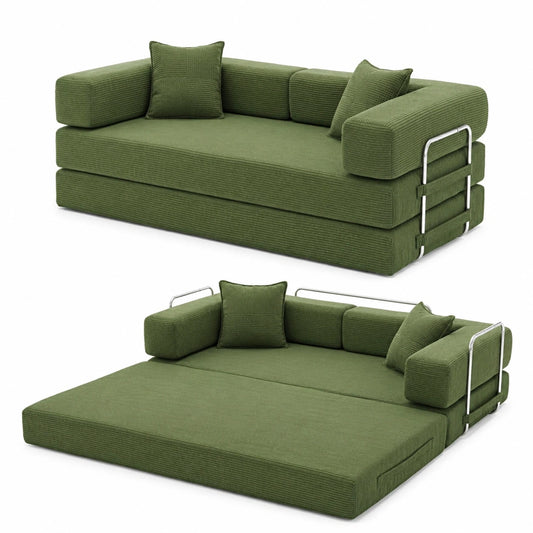 YINIX Klappbares XXL Gästebett Sofa, 3-Sitzer Bodensofa aus Cord mit Metallrahmen, Rutschfest und Waschbar (Grün, 200cm)