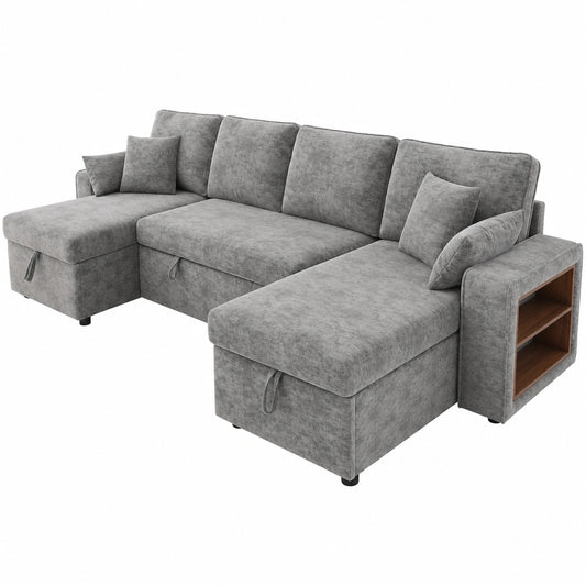 Merax U-förmiges Schlafsofa mit Stauraum, USB-Anschluss und Getränkehalter, Grau