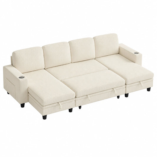 LINSY HOME Modernes Ecksofa mit Schlaffunktion, Stauraum und Cordbezug, U-förmig, Beige