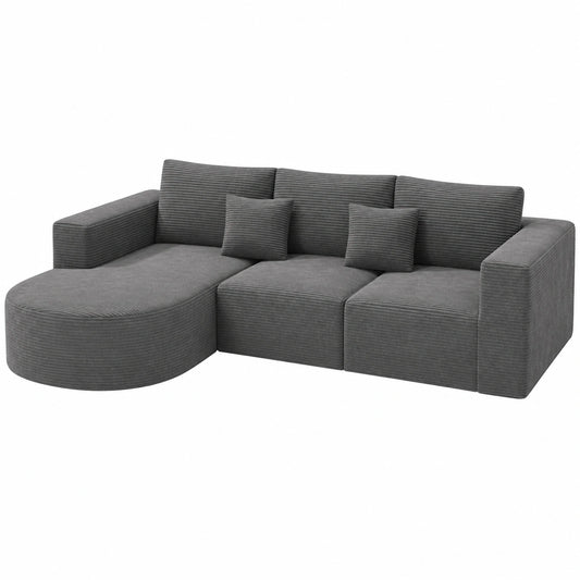 Hawthyhome Schlafsofa Eckcouch L-Form Cordstoff, 3-Sitzer mit Chaiselongue Links, Installationsfrei, 264x177x59 cm, Grau