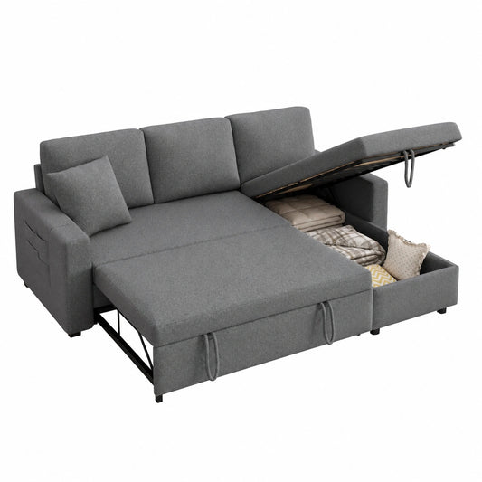 L-förmiges modulares Schlafsofa mit Stauraum, ausziehbar, Chaiselongue austauschbar, Leinen, Dunkelgrau