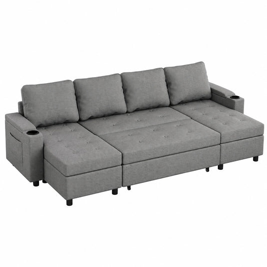 Modernes Ecksofa mit Schlaffunktion und Stauraum, U-Form, 4-Sitzer, ausziehbar, Leinen, hellgrau